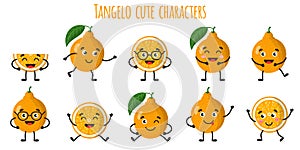 Tangelo citrus fruit cute funny cheerful characters with different poses and emotions