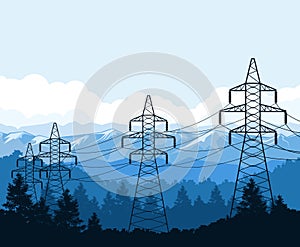 Tangent towers in mountains, high voltage power pylons, power supply