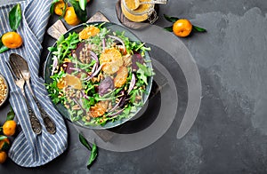 Tangerine and beet salad with arugula, walnuts and pine nuts