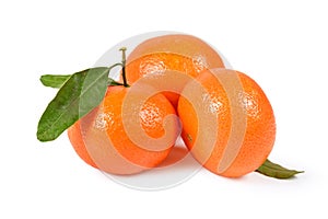 Tangerine, clementine with green leaves isolated clipping path