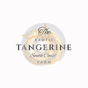 Tangerine Farms Abstract Vector Sign, Symbol or Logo Template. Hand Drawn Citrus Fruit with Leaves Sketch with Retro