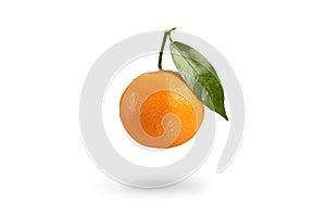 Tangerine with green leaf falls casting a shadow .Fresh tangerine on a white isolated background. Texture of mandarin