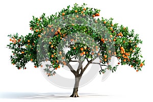 Tangerine or orange tree isolated on white background. The citrus fruits hang heavy on the branches, ready for picking