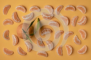 Tangerine with tangerine lobules collection, citrus food background.
