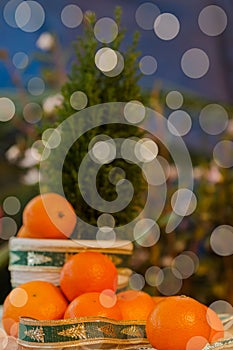 Tangerines in Christmas decor with pine tree. Solar fruit energy of the sun, symbol happiness, wealth and success