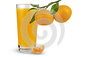 Tangerines hang on a branch against the background of a glass with juice. Isolate
