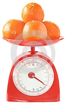 Tangerines on kitchen scales.