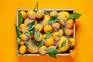 Tangerines with leaves in a box on an orange background