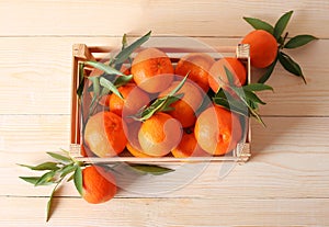 Tangerines with leaves in a box top view