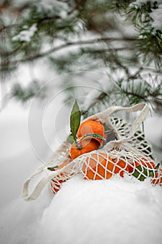 tangerines in a net on the snow