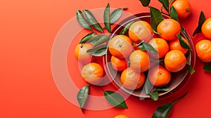 Tangerines (oranges, clementines, citrus fruits) with green leaves over wooden background with copy space