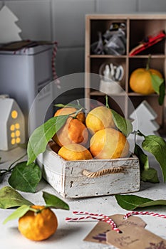 Tangerines (oranges, clementines, citrus fruits) with green leaves in wooden box on kithchen table in cozy