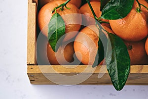 Tangerines oranges, clementines, citrus fruits with green leaves in a wooden box over light background with copy space