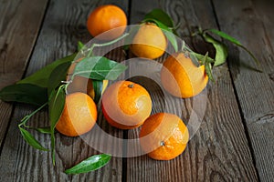 Tangerines (oranges, clementines, citrus fruits) with leaves on a wooden background