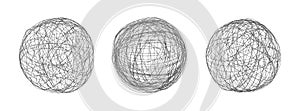 Tangle chaos abstract hand drawn messy scribble sphere ball vector illustration set.