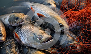 A Tangle of Colorful Fish Caught in a Mesh Net