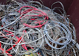 Tangle of copper  electrical cables in the industrial landfill