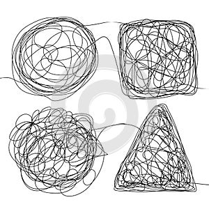 Tangle Scrawl Sketch Set Vector. Doodle Drawing Drawing Triangle, Square, Circle. Solving Problems. Depicts Haywire