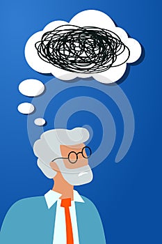 Tangle Thoughtful bearded elder man with tangled line speech bubble on a blue background. Man is looking for mental health