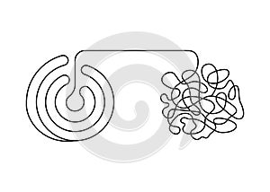 Tangle and untangle, change logic mind with scheme and confused creative thinking brain, continuous line. Disorder
