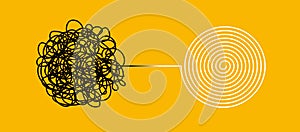 Tangle and untangle, psychotherapy and psychology concept. Tangled  line illustration. Doodle. Abstract change graphic.