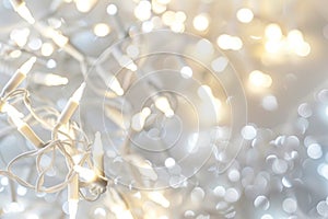 A tangle of white string lights shines brightly