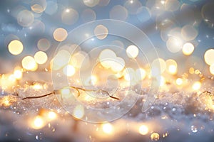 A tangle of white string lights shines brightly