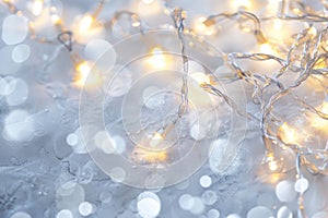 A tangle of white string lights shines brightly