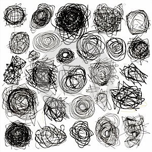 Tangled abstract scribble set. Hand drawn shapes isolated on white background. Generated AI