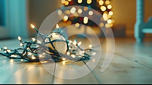 Tangled Christmas lights on a wooden floor with a blurred tree in the background, AI photo