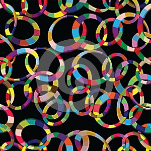 Tangled colorful 3d circles seamless pattern on black background