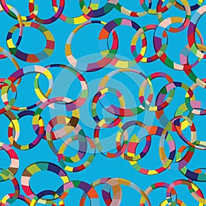 Tangled colorful 3d circles seamless pattern on blue background