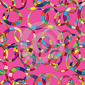 Tangled colorful 3d circles seamless pattern on pink background