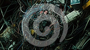 Tangled electrical wires and components