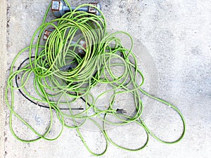 A tangled cord of a weedwhacker.