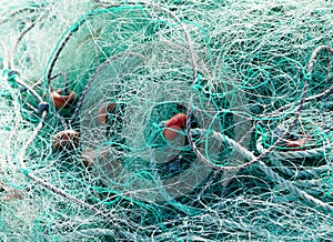 Tangled green fishing nets