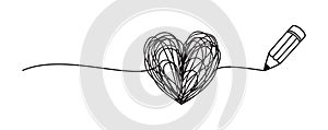 Tangled grungy heart scribble drawn with a pencil concept