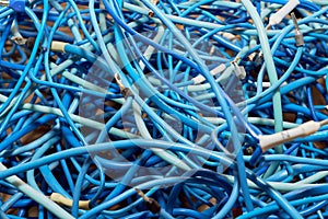 Tangled lump or pile of blue electrical patch cords.