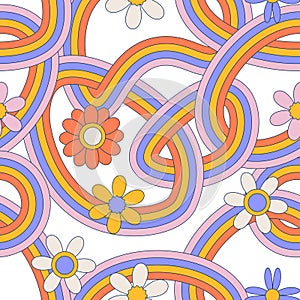 Tangled Rainbows and daisy flowers vector seamless pattern. Groovy coloured lines simple daisy floral background. Modern