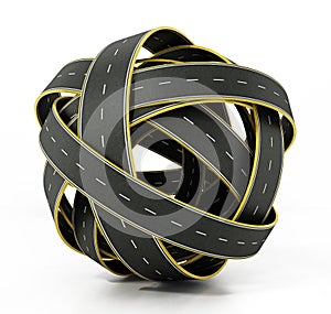 Tangled roads forming a sphere. 3D illustration