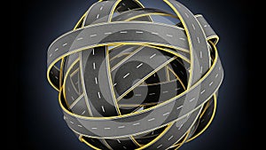 Tangled roads forming a sphere. 3D illustration