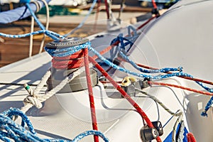 Tangled ropes on the winch a yacht
