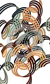 Tangled rubber or plastic orange, green and red springs, ropes or wires in dynamic abstract composition in white space.