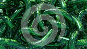 Tangled snakes with green metallic scales. Fantasy background. 3D rendered image.