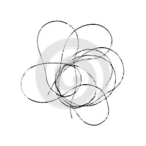 Tangled threads. Thread scribble petals, flower, spot. Black line abstract sketch. Chaotic doodle shapes. Vector EPS 10