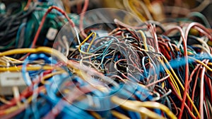 A tangled web of old wires and cords illustrating the potential for reusing electronic waste to create innovative and photo