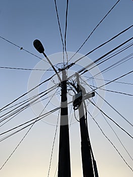 Tangled wires at electric tower