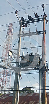 Tangled wires at electric tower