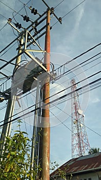 Tangled wires at electric tower