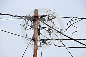 Tangled wires at electric tower